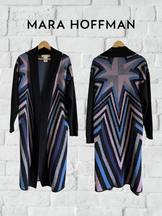 Mara Hoffman Sweaters - Mara Hoffman RARE Long Knit Cardigan Geometric Blue Purple Black Fall Sweater S